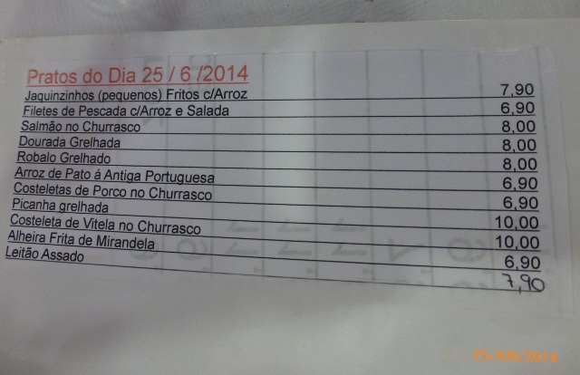 Preços praticados pelo restaurante em 25.6.2014. Nem para nós, brasileiros, era caro para o que nos foi servido.
