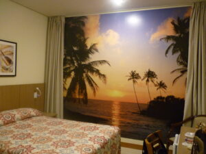 Achei interessantíssimo o detalhe da cortina e pensei: - Mas..., prá que?Fechá-la caso a "luminosidade" do Sol atrapalhasse o sono de alguém seria surreal. Nada justifica. Rimos muito e nos perguntamos: - Será que alguém se deixaria influenciar pela cena? Nunca se sabe... Por via das dúvidas, o hotel tomou suas precauções e pendurou uma cortina de cima até embaixo na parede.